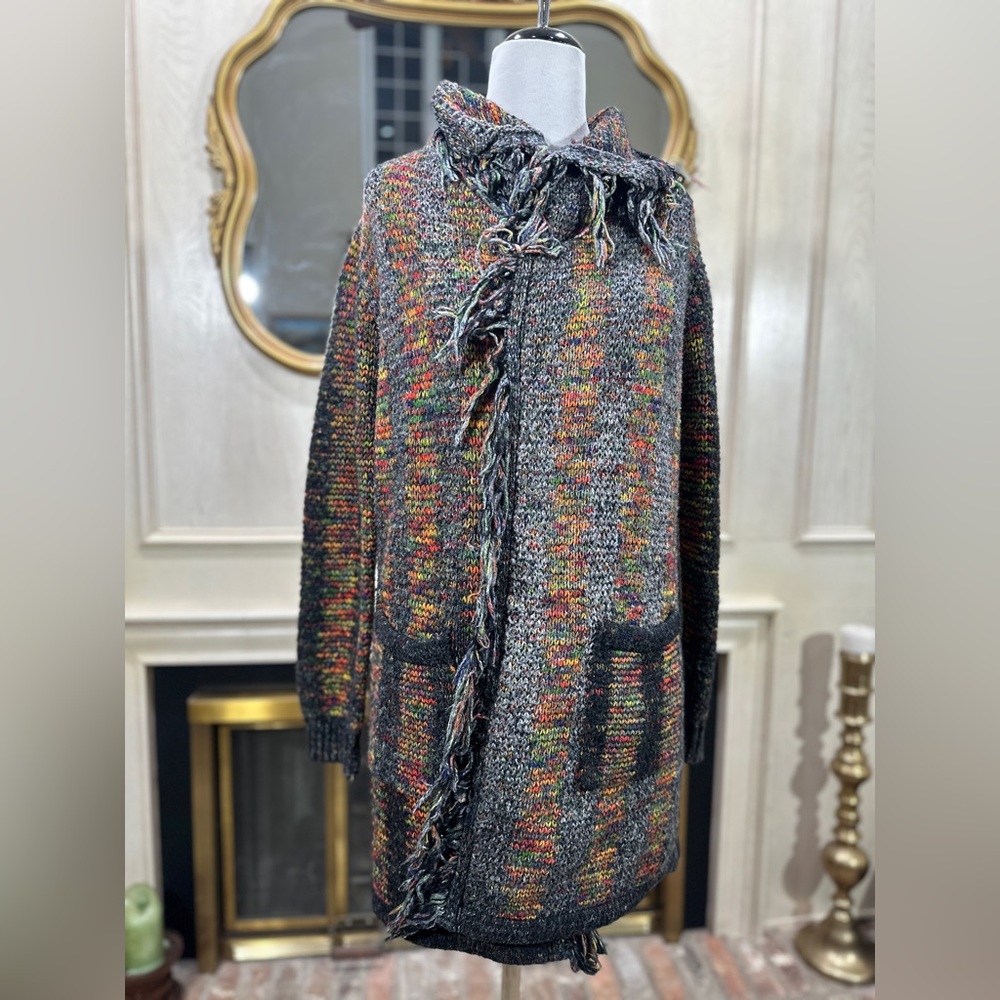 Esqualo Multicolor Knit Fringe Open Front Cardigan Sweater‎ Pockets M - Picture 3 of 12